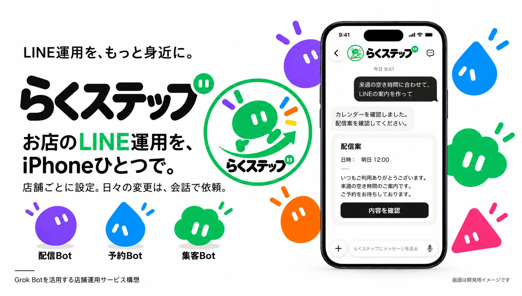 らくステップ。お店のLINE運用を、iPhoneひとつで。配信Bot・予約Bot・集客Botのイメージ